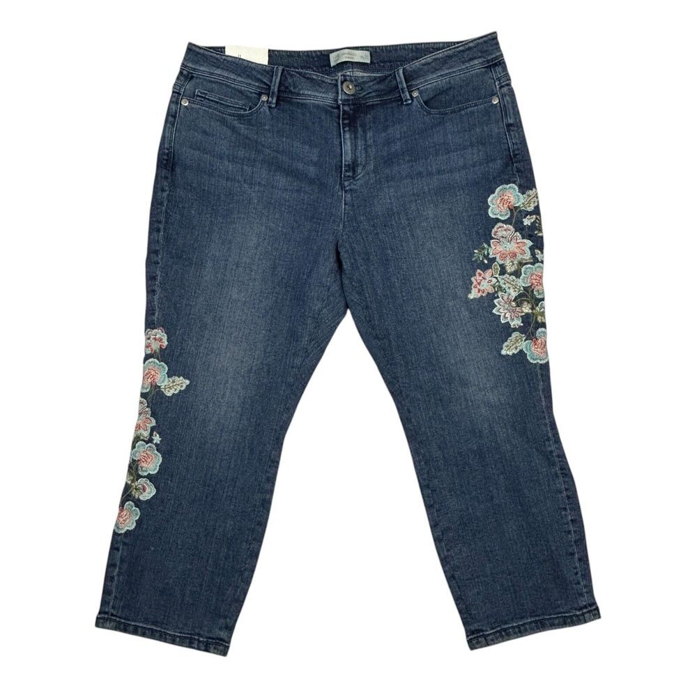 J.Jill Jeans Women 14 P Authentic Fit Cropped Blue Denim‎ Floral Embroidered
